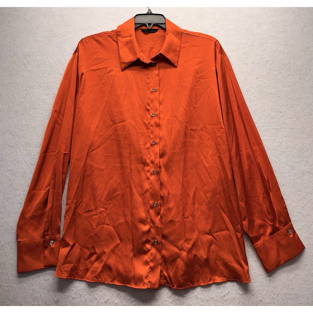 ZARA Orange Flowy Satin Effect Shirt with Adjustable Back Gathers Size L